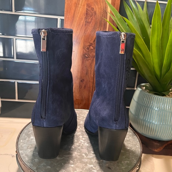 Rebel | Avery Blue Suede Embroidered Ankle Snip Toe Boots - Picture 6 of 10